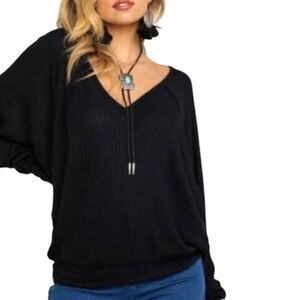 FREE PEOPLE Women's Santa Clara Oversized Slouchy Black Thermal Top